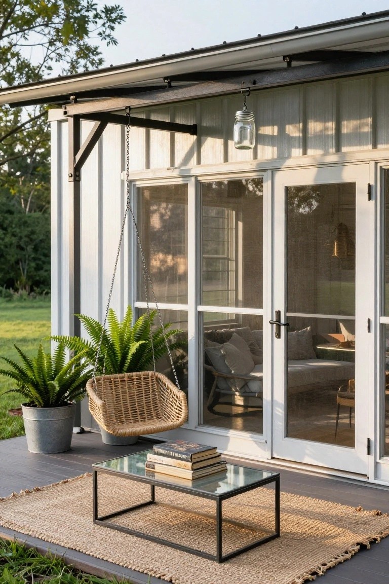 Hanging woven swing chair on a deck outside a white metal-sided building with open screened doors, flanked by two potted ferns, a glass coffee table stacked with books, and a seagrass rug.