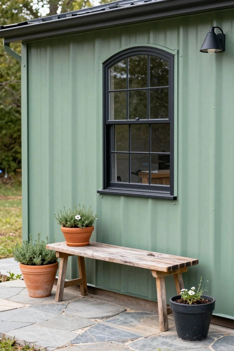 Green metal-sided building exterior featuring a black-framed arched window, weathered wooden bench, terracotta and black pots with herbs, and stone paver ground.