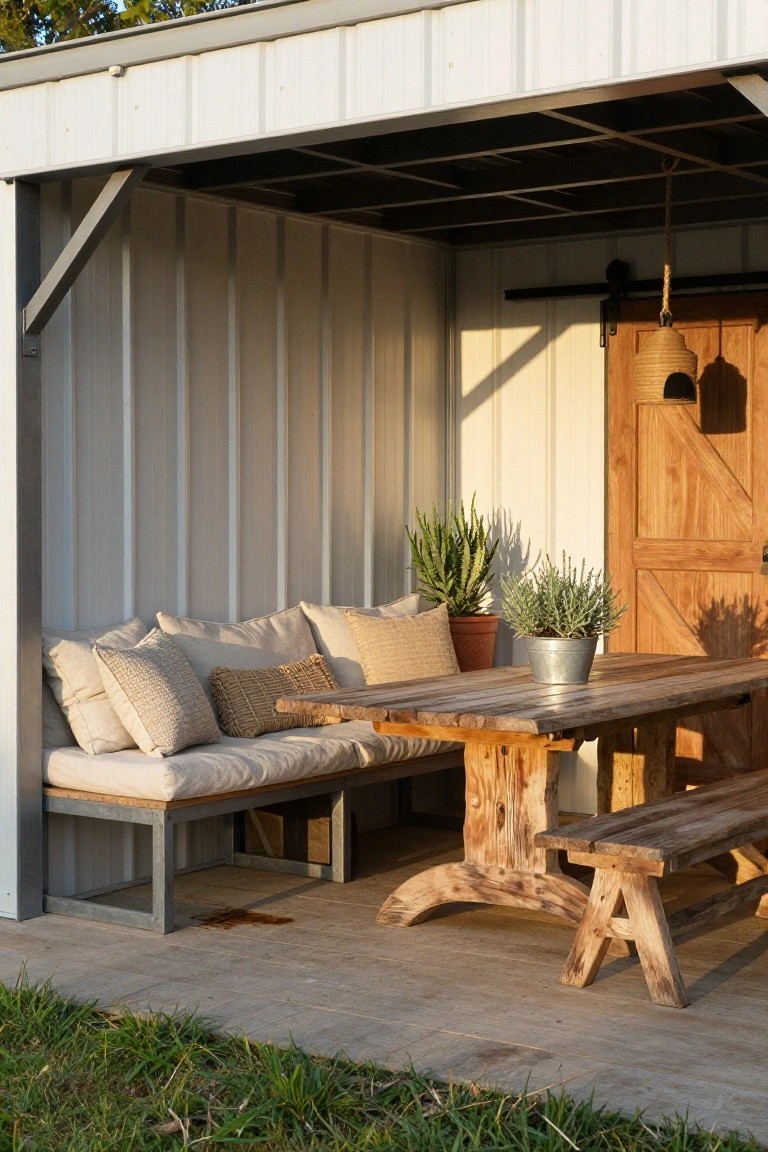 White metal-sided carport open on one side, with built-in beige cushioned bench along the wall, rustic wooden table and benches, potted succulents and herbs on a concrete patio surrounded by grass.