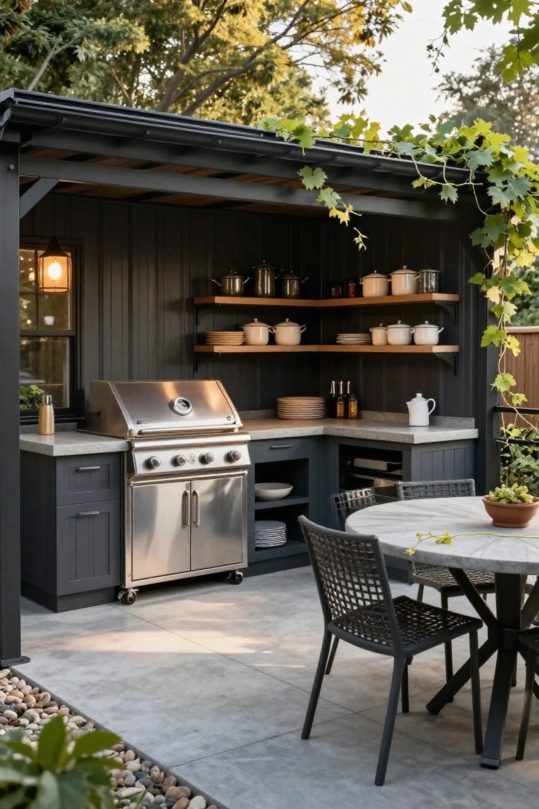 Outdoor kitchen under a black pergola with dark wood vertical paneling, stainless steel grill on concrete counters, open wooden shelves holding pots and dishes, gray cabinets, small sink, and round white table with black woven chairs on concrete patio edged in pebbles amid greenery and vines.