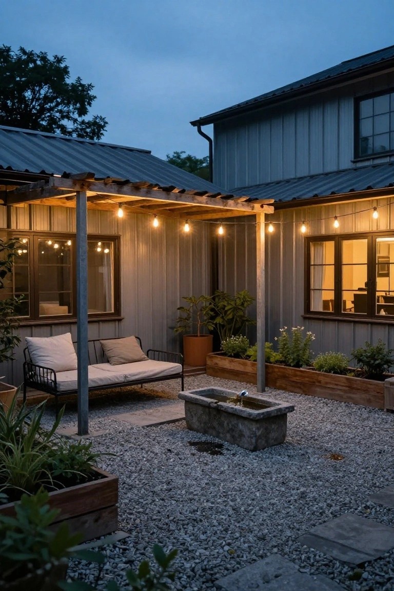 Backyard patio at dusk next to a gray metal-sided house, with a wooden pergola strung with lights, metal daybed seating, stone fountain, gravel ground, raised planters, and potted plants.