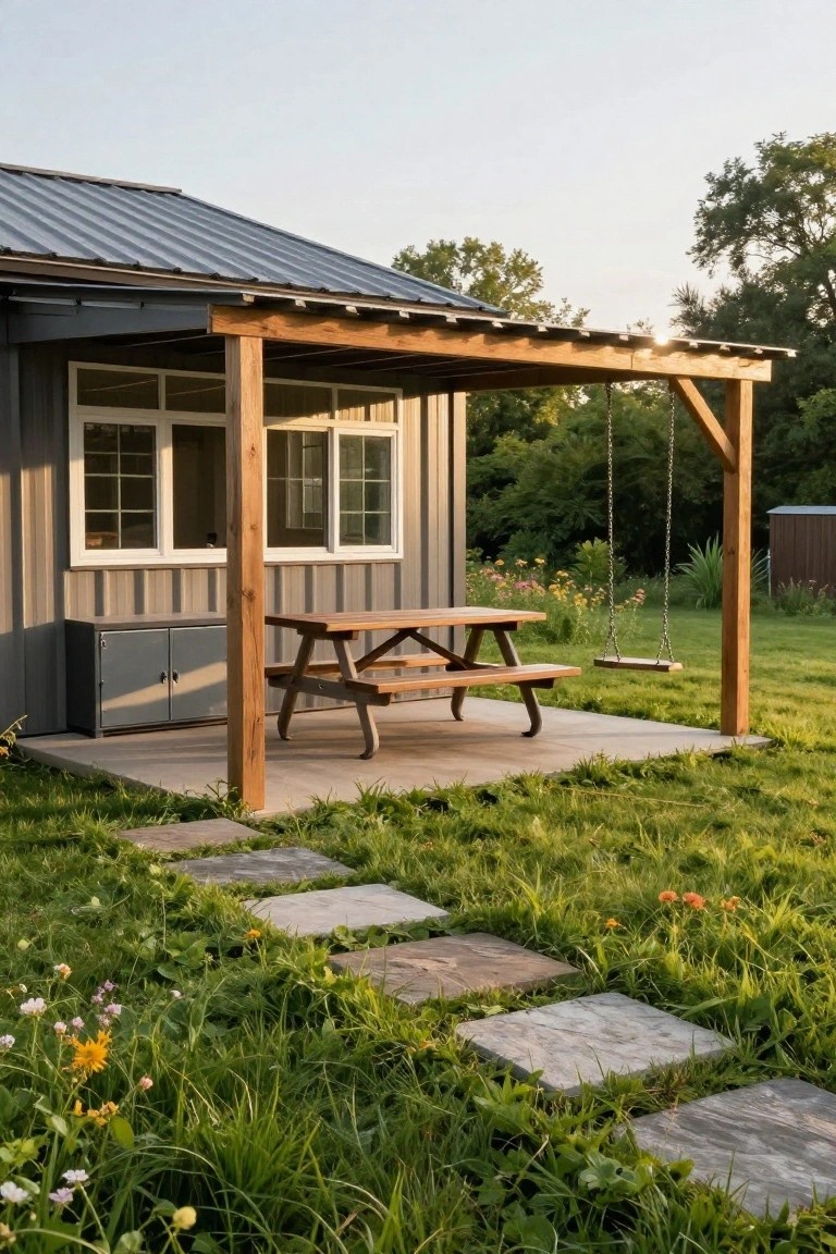 Gray metal-sided building with attached wooden pergola covering a concrete patio that holds a picnic table and hanging swing, with grass, flowers, and stone path steps in front.