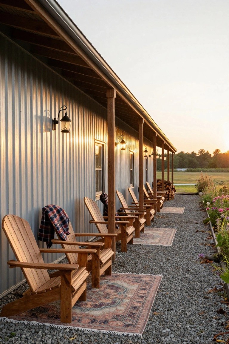 Row of wooden Adirondack chairs with plaid blankets and patterned rugs under the covered porch of a gray metal building, flanked by lanterns and a gravel path with garden edging.