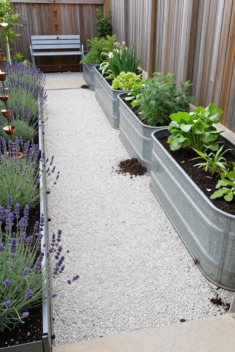 Narrow gravel pathway bordered by lavender in metal planters on one side and large galvanized metal tubs filled with herbs, vegetables, and greens on the other, with a wooden bench and fence in the background.