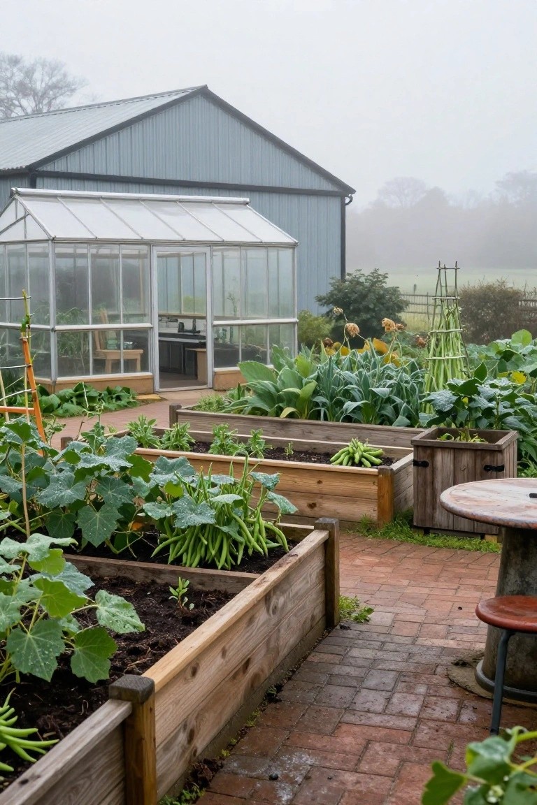 Foggy outdoor garden with multiple wooden raised beds planted with vegetables like beans and squash, a glass greenhouse, a blue metal barn building in the background, a brick path, a wooden table, and a metal stool.