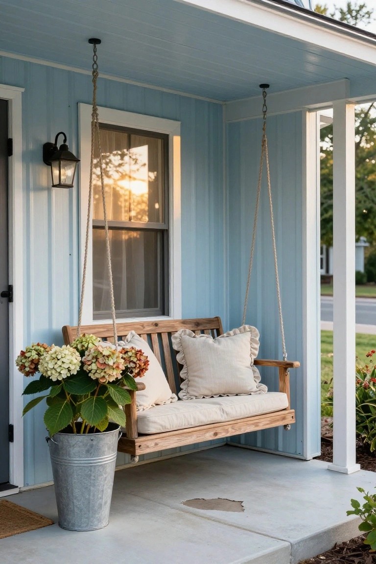 Blue clapboard porch with wooden swing suspended by ropes, white ruffled cushions on the swing, large potted hydrangea in galvanized bucket, black front door, lantern light, and doormat on concrete porch floor.