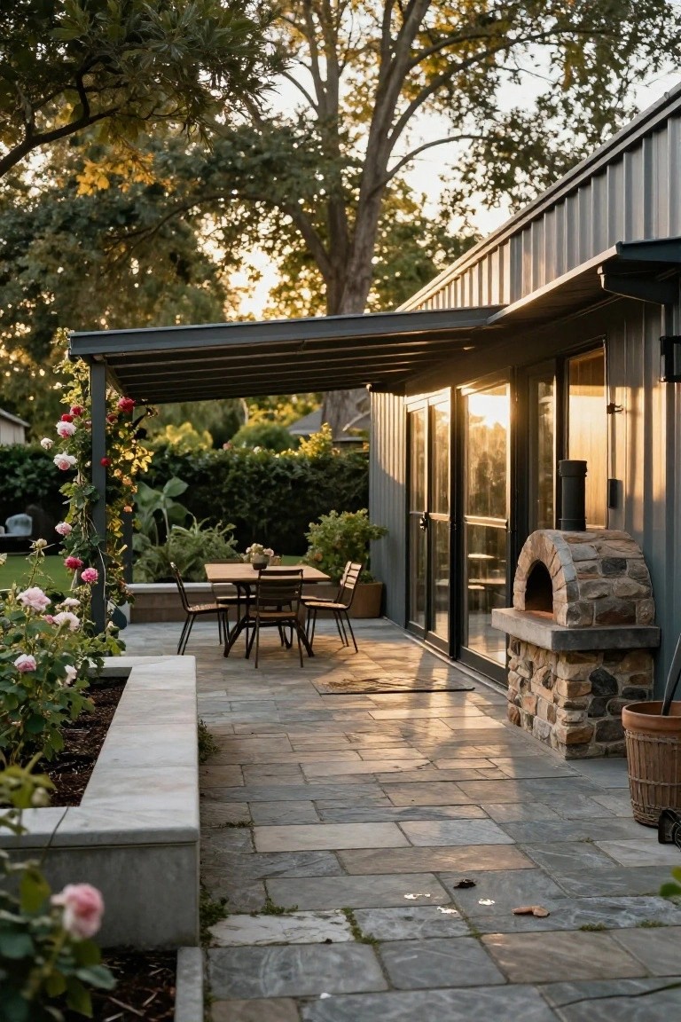 Side exterior of a gray metal building home with a pergola covered in pink climbing roses over a stone paver patio, wooden dining table and chairs, built-in stone pizza oven, and raised garden beds.