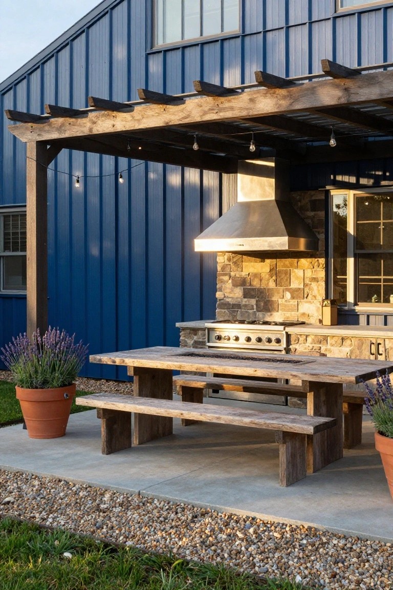 Blue metal barn building with wooden pergola-covered outdoor kitchen area including stainless steel grill, stone backsplash and hood, rustic wooden picnic table and benches on concrete patio edged with gravel and potted lavender plants.