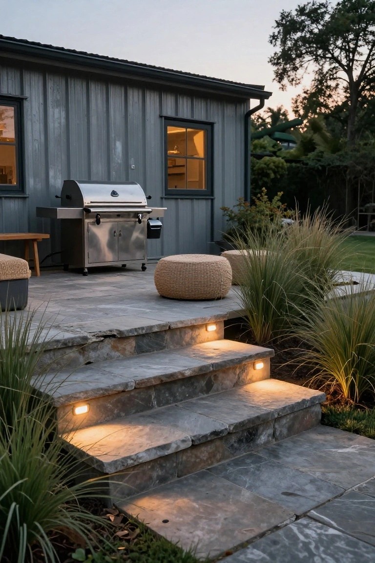 Gray metal building with windows and a large stainless steel grill on a stone patio deck, flanked by woven stools and ornamental grasses, with recessed lights illuminating descending stone steps at dusk.
