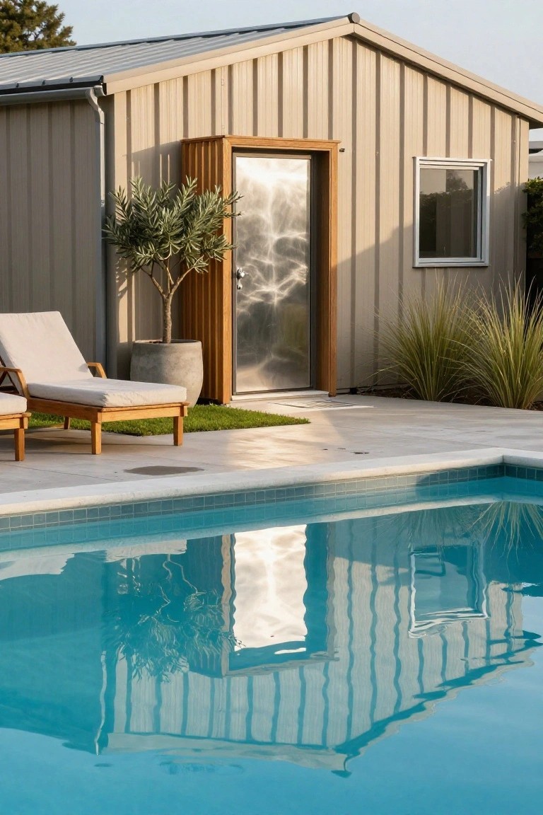 Gray corrugated metal shed building with a tall reflective stainless steel door in a wooden frame, next to a blue-tiled pool, lounge chairs, potted olive tree, and grasses on a stone patio.