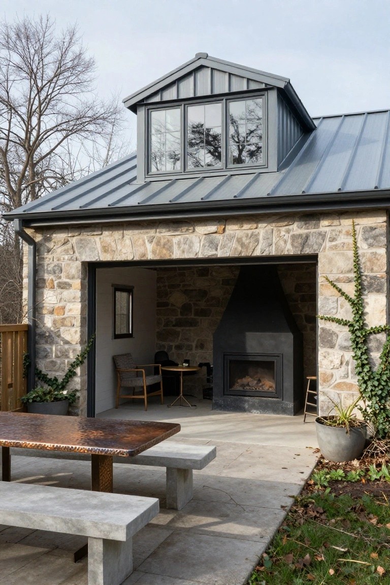 Stone-walled garage with gray metal roof and open door revealing interior lounge area with black fireplace, rattan chairs, and side table, plus copper-topped picnic table on concrete benches and patio outside, ivy on walls, potted plants, and garden bed nearby.
