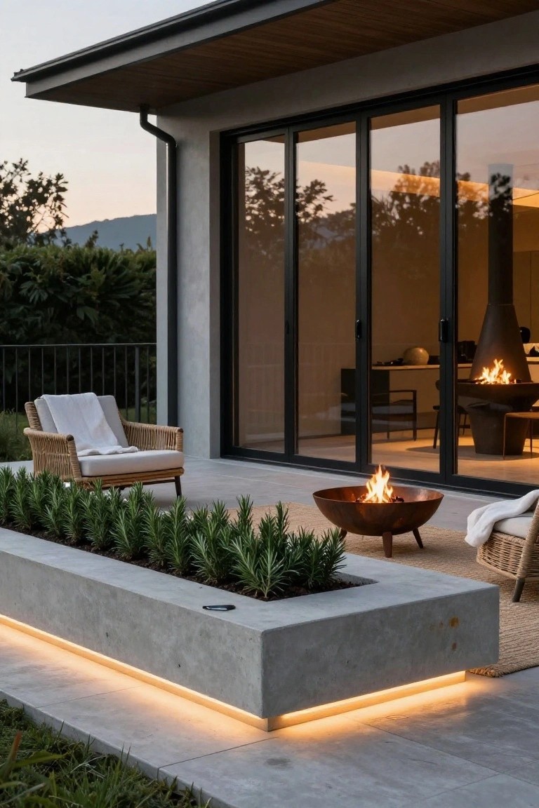 Modern concrete terrace at dusk with a copper fire pit, rattan chairs on a rug, long rectangular planter box with green plants and LED underlighting, and sliding glass doors to an interior room with a tall fireplace.