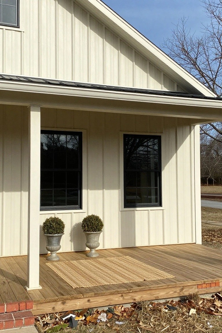 Side view of a two-story white board-and-batten metal-sided house with a covered porch supported by white columns, flanked by two black-framed windows, potted topiary plants, a seagrass rug on a wooden deck, and bare trees in the background.