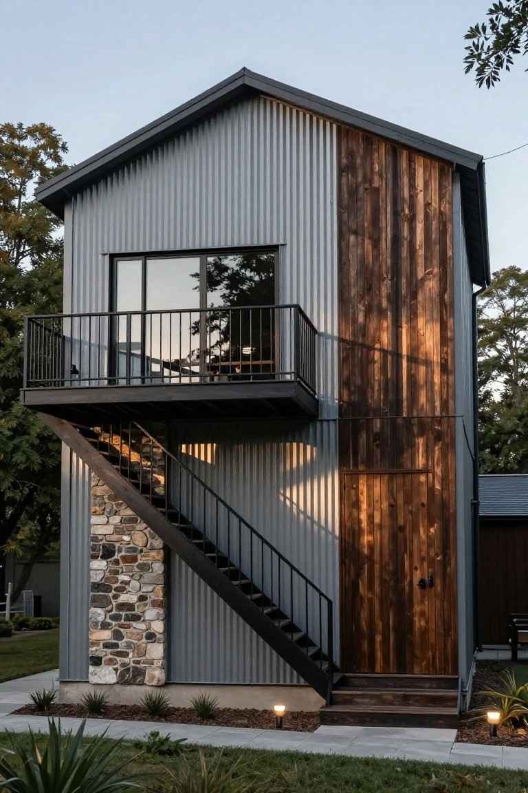 Two-story house exterior with gray corrugated metal siding, dark vertical wood cladding on the right side, black metal staircase with stone base leading to a balcony, wood entry door, and landscaped yard with plants and path lighting at dusk.