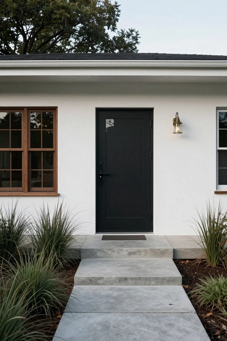White stucco ranch house facade with centered black front door, flanked by wood-frame windows, brass lantern light, concrete entry steps, and tall ornamental grasses.