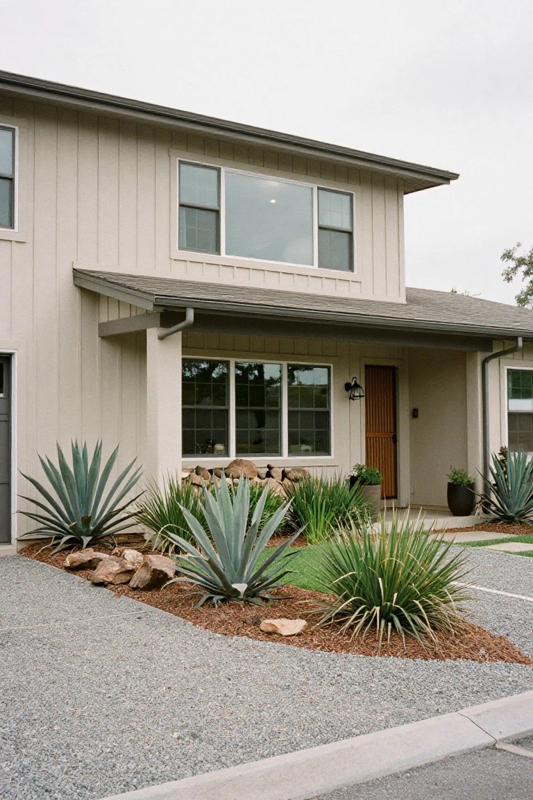 Beige board-and-batten sided two-car garage ranch house with covered entry porch, vertical slat wood door, large windows, and gravel yard with agave plants and rocks.