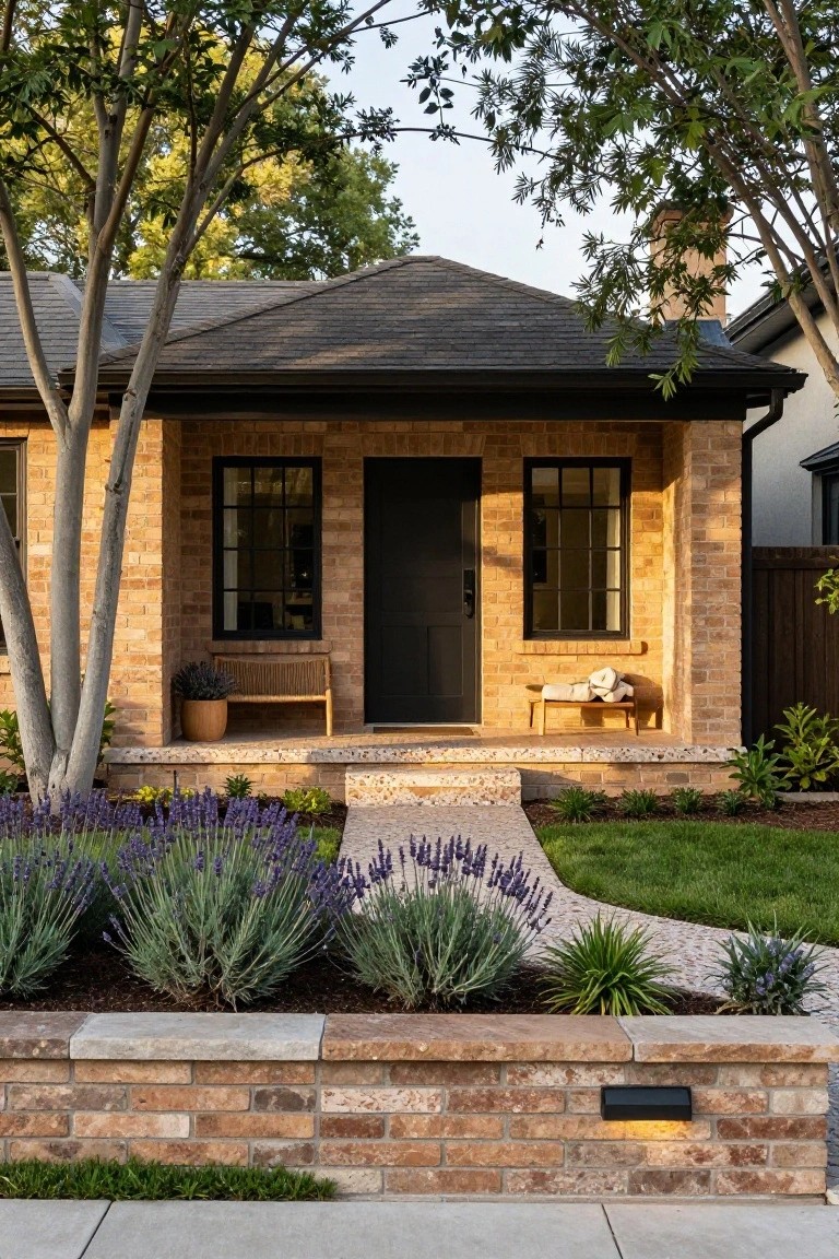A single-story beige brick house with black-framed windows, black front door, small covered porch with rattan bench and potted lavender plant, lavender shrubs along a brick retaining wall and stone pathway, flanked by trees.