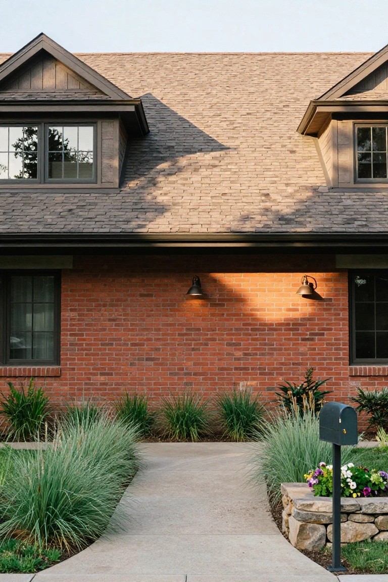 Front view of a single-story brick house with dark wood gabled roof sections above the entry, two wall lanterns, concrete walkway lined with ornamental grasses, and a stone retaining wall with flowers.