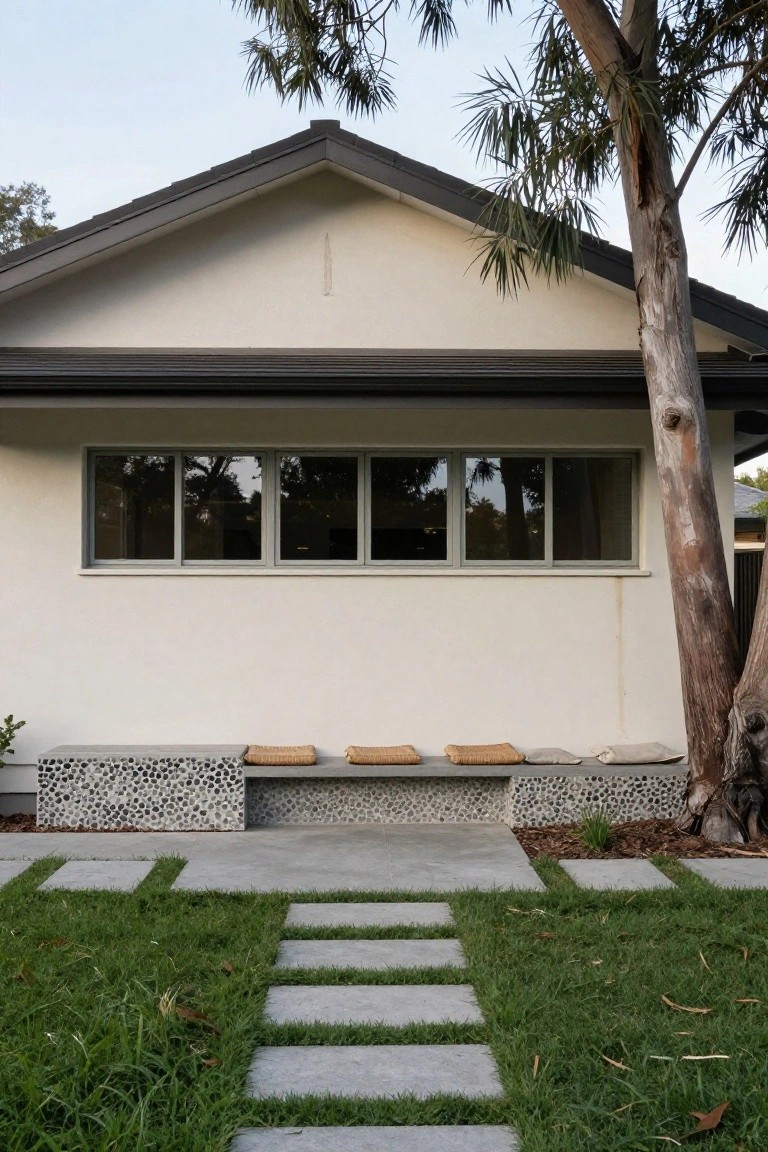 Front view of a single-story house with white stucco walls, dark gabled roof, horizontal window, built-in concrete benches with cushions and pebble mosaic bases under the window, concrete paver path through grass, and tall eucalyptus tree at the side.