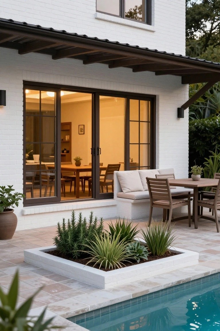 White brick house wall with dark-framed sliding glass doors open to indoor wood dining table and chairs, matching outdoor wood table with chairs and cushioned bench on beige tiled patio beside turquoise pool and potted plants.