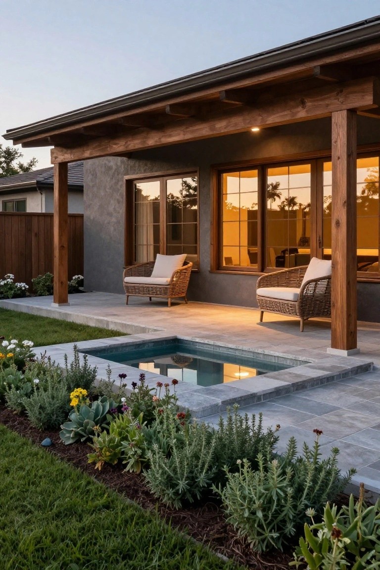 Wooden pergola-covered patio with two rattan lounge chairs, large multi-pane windows on stucco house wall, small rectangular tiled plunge pool, and surrounding low landscaping with grass and plants.