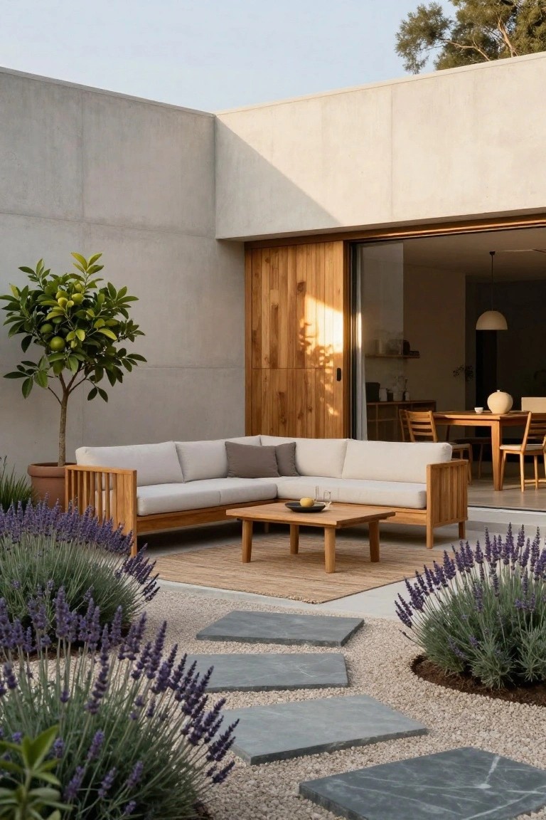 Concrete house wall with wooden sliding doors open to an L-shaped teak outdoor sofa and coffee table on a gravel patio edged with lavender plants, stepping stone path, and potted lemon tree.