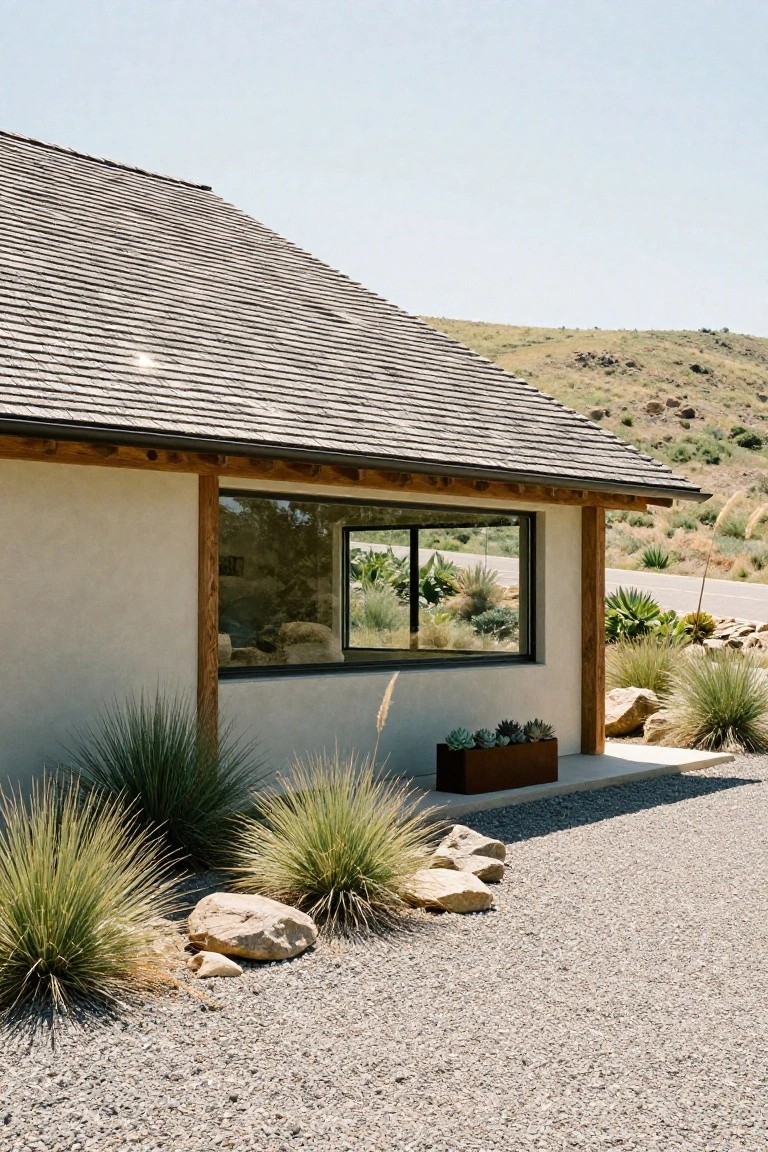 Side view of a beige stucco ranch house with dark wooden beams and posts, large black-framed windows, gray slate roof, potted succulents, grasses, rocks, and gravel driveway in a desert landscape.