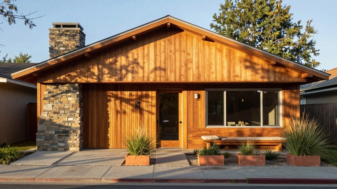 Mid-century modern ranch house exterior with vertical cedar wood siding, overhanging roof, large sliding glass doors, stone chimney pillar, built-in wooden bench, potted plants, and gravel-paver entry patio surrounded by agave plants.