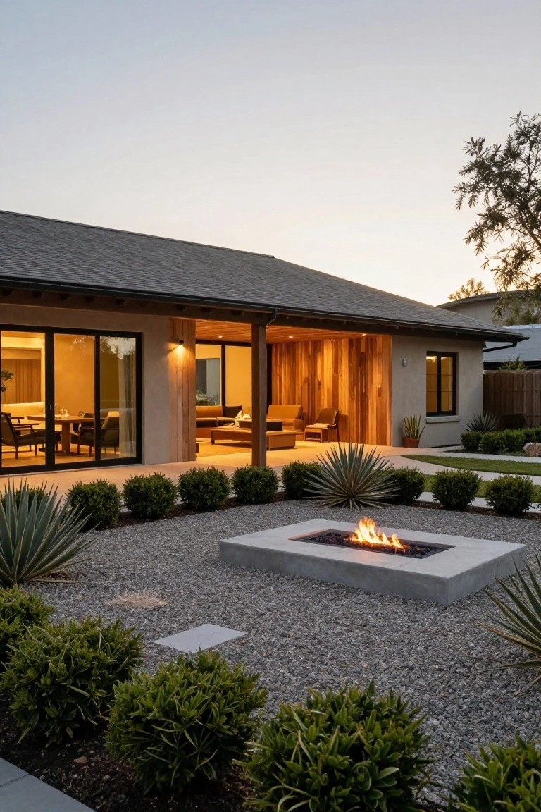 Modern ranch house exterior at dusk with covered wood-accented patio, sliding glass doors to indoor dining area, and foreground linear gas fire pit in concrete enclosure surrounded by gravel, agave plants, and boxwood shrubs.