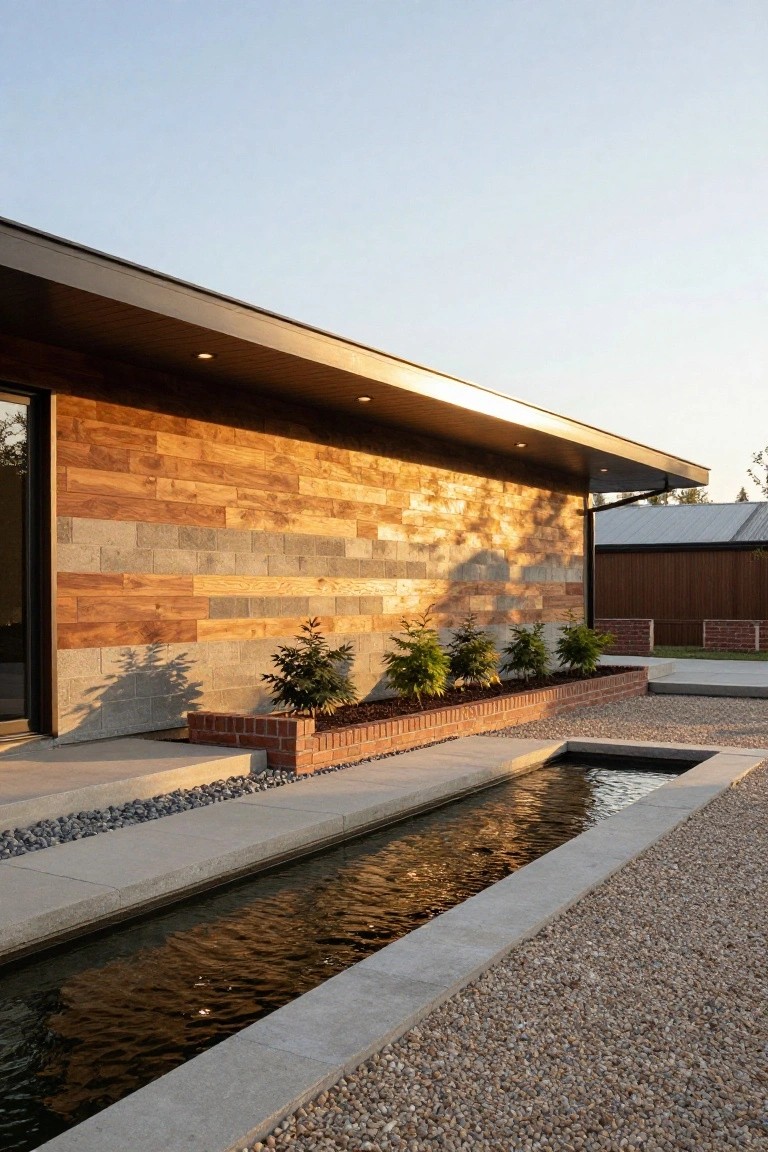 Side exterior of a single-story house with horizontal wood planks and gray stone slabs on the wall, a narrow reflecting pool, brick planters with small trees, gravel ground cover, and concrete path.