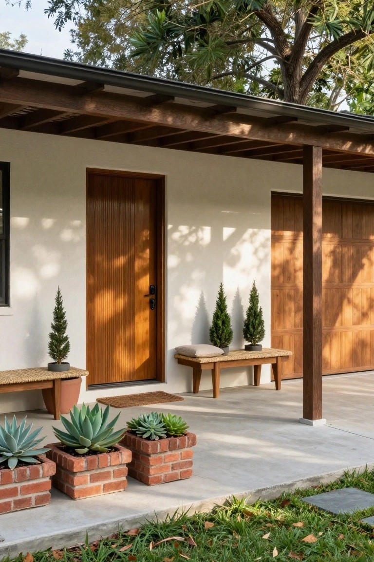 White stucco single-story house exterior featuring a vertical slat wooden front door, adjacent wood garage door, covered entry area with rattan bench and potted cypress trees, brick planters with agave plants, and surrounding lawn.