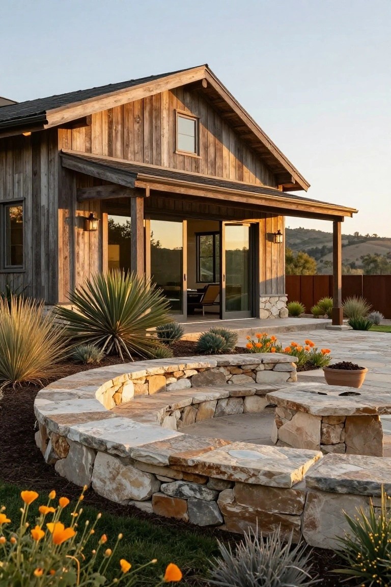Rustic wooden ranch house with dark shiplap siding, gabled roof, covered porch with glass doors, stone fire pit seating area, agave plants, and hillside view at dusk.