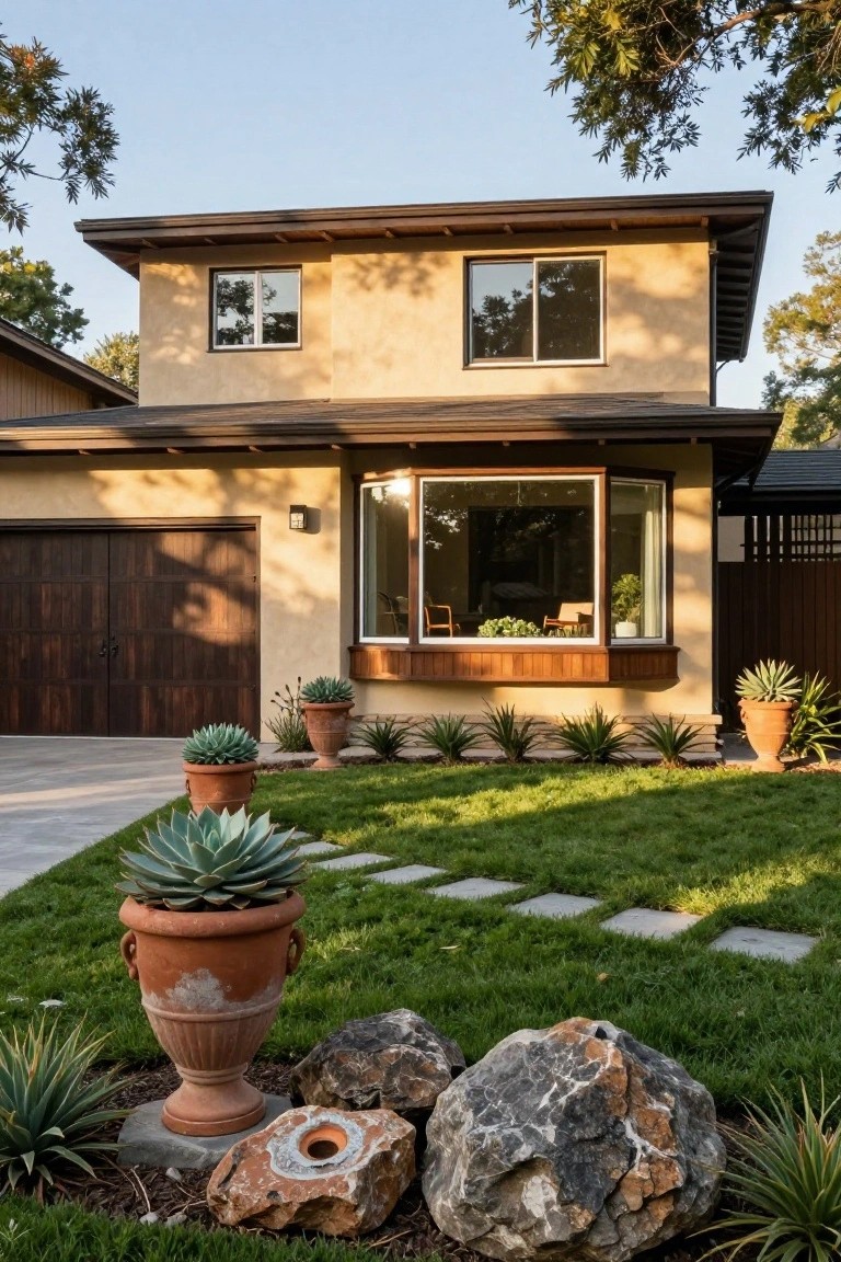 Beige stucco single-story ranch house exterior with dark wood double garage door, wood-trimmed bay window, terracotta pots of agave succulents, boulders, stepping stone path, and green lawn in the front yard.