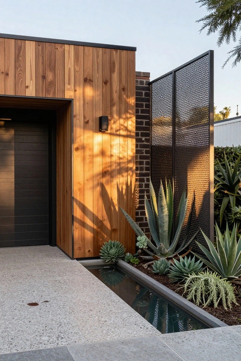 Modern ranch house exterior with vertical timber cladding on garage wall, black paneled garage door, brick wall with metal mesh screen fence, succulent plantings in linear trough with water, and concrete paver surfaces.