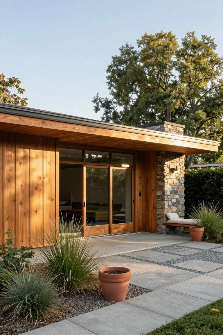 Mid-century modern ranch house exterior with vertical cedar wood siding, overhanging roof, large sliding glass doors, stone chimney pillar, built-in wooden bench, potted plants, and gravel-paver entry patio surrounded by agave plants.
