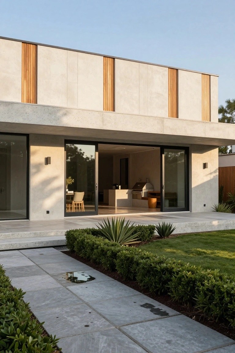 Modern single-story house exterior with light beige concrete walls accented by evenly spaced vertical wooden slats, large black-framed sliding glass doors open to an interior kitchen area on a terrace, stone paver pathway edged by low boxwood hedges and agave plants leading to a lawn.