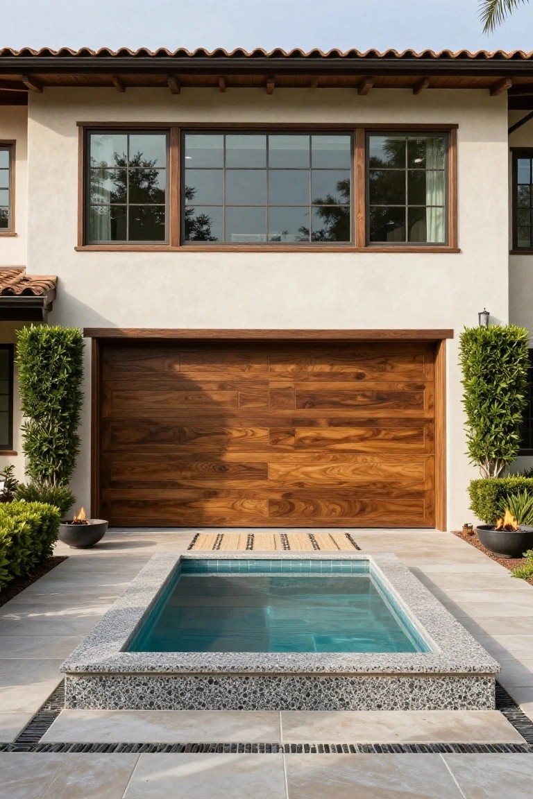 Light stucco ranch house exterior with large horizontal teak wood garage door, small turquoise pool edged in white pebbles, boxwood shrubs, fire pots, and beige pavers in driveway area.