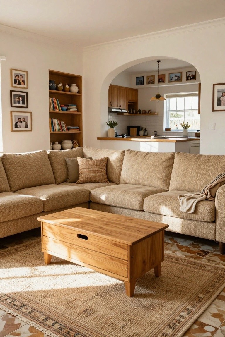 Beige L-shaped sofa in a sunlit living room with wooden coffee table, bookshelves filled with books and ceramics, neutral rug, and arched white doorway opening to a kitchen area.