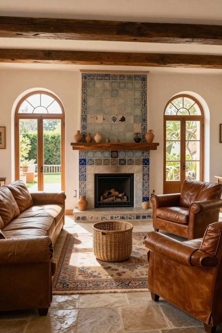 Living room with brown leather sofas and armchair arranged around a wood-burning fireplace with blue and white tile surround, wooden ceiling beams, arched windows and doors opening to greenery, terracotta pots on mantel and floor, and woven basket in center.