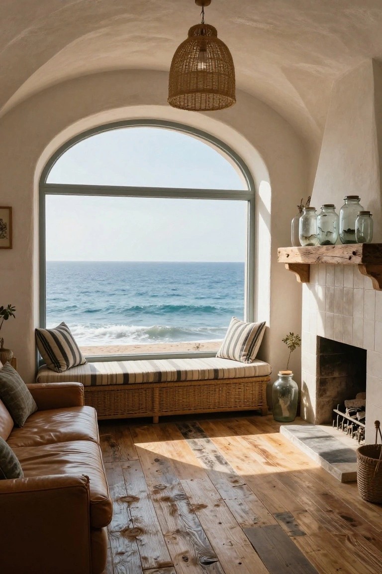 Living room interior with a cushioned built-in bench seat under a large arched window overlooking the ocean, leather sofa nearby, fireplace, wooden floors, and rattan pendant light.