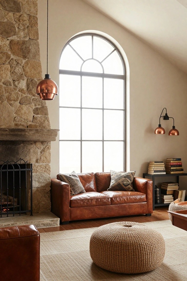 Living room with tall rustic stone fireplace, brown leather sofa, patterned pillows, copper pendant lights, arched window, black metal bookshelves, woven pouf, and light rug on wood floor.