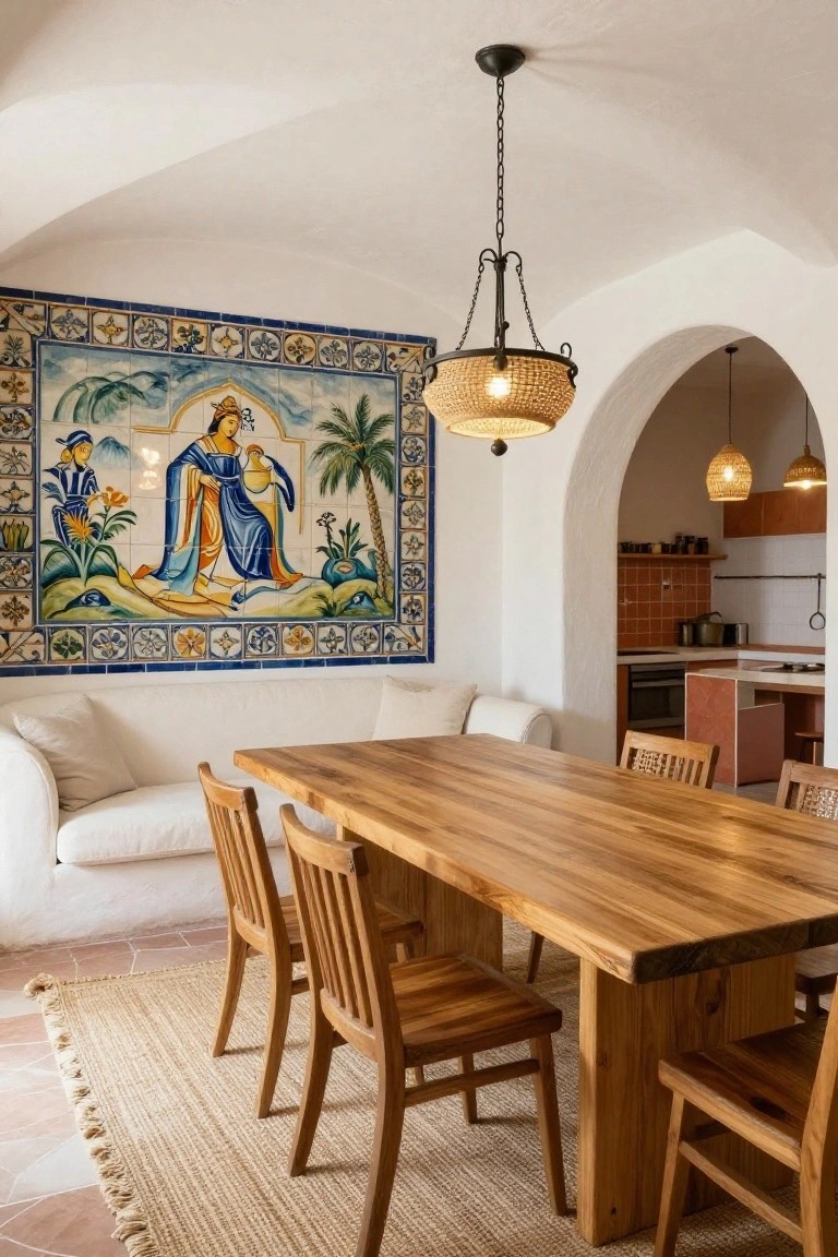 A white-walled interior with a large blue and multicolored tile mural depicting robed figures, palm trees, and patterns on one wall, a wooden dining table with chairs, a white sofa, and arched openings to a terracotta-tiled kitchen.