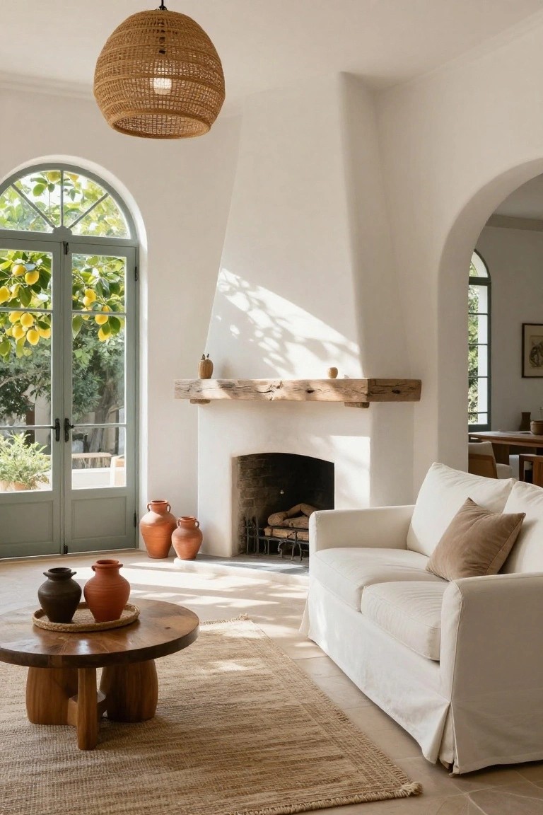 Bright living room featuring white stucco walls, arched windows with garden view, fireplace with thick horizontal wood beam mantel, white slipcovered sofa, round wooden coffee table holding terracotta pots, and seagrass rug on tile floor.