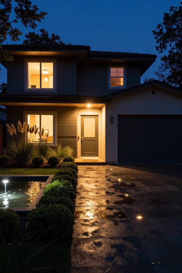 Modern two-story house exterior at nightfall with gray siding and white trim, warm interior lights in windows, illuminated stone pathway to gray front door, landscaped plants, pampas grass, boxwoods, and a lit fountain nearby.