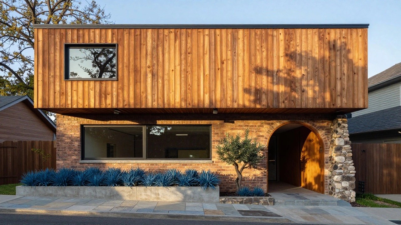 Front exterior of a two-story split-level house with vertical cedar wood siding on the cantilevered upper level, red brick base, black garage door, arched entryway, olive tree, blue agave plants in concrete planters, and slate steps on a sidewalk.