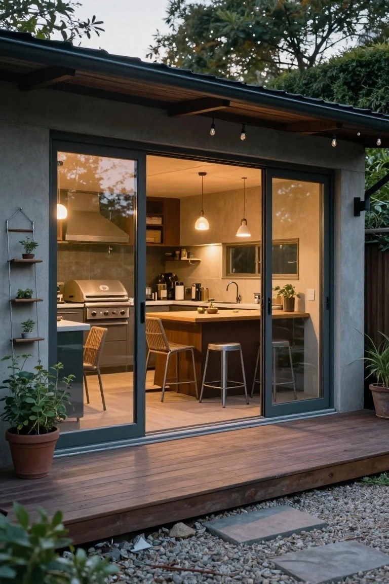 Modern outdoor kitchen pavilion with open sliding glass doors showing interior counters, grill, stools, and pendant lights, on a wooden deck surrounded by potted plants, gravel ground, and trees at dusk.