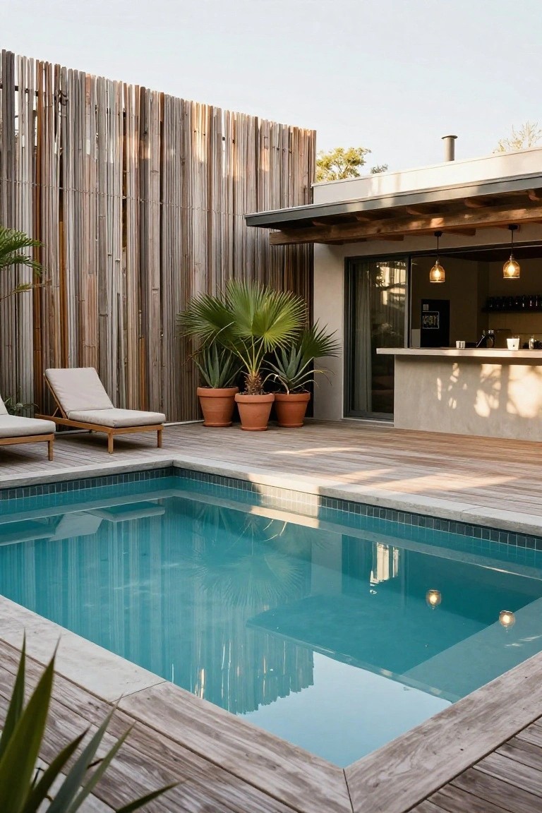 A turquoise pool edged in wood decking and tiles, flanked by two beige loungers, potted palms and agaves, tall slatted wood fencing, and an outdoor bar kitchen next to a modern house with glass doors.