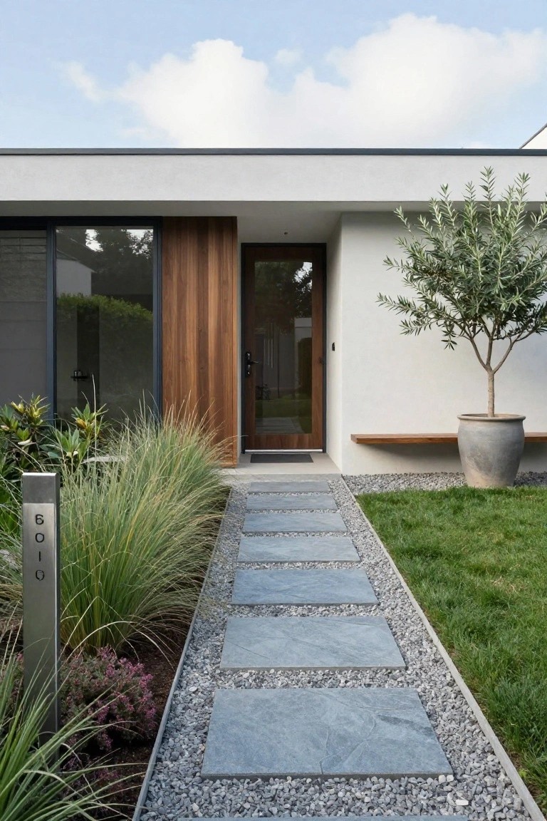 Modern white house facade with vertical wood-clad entry door and large window beside it, fronted by a walkway of large rectangular gray stone slabs set in light gravel and bordered by tall ornamental grasses and low shrubs, potted olive tree to one side, green lawn beyond.