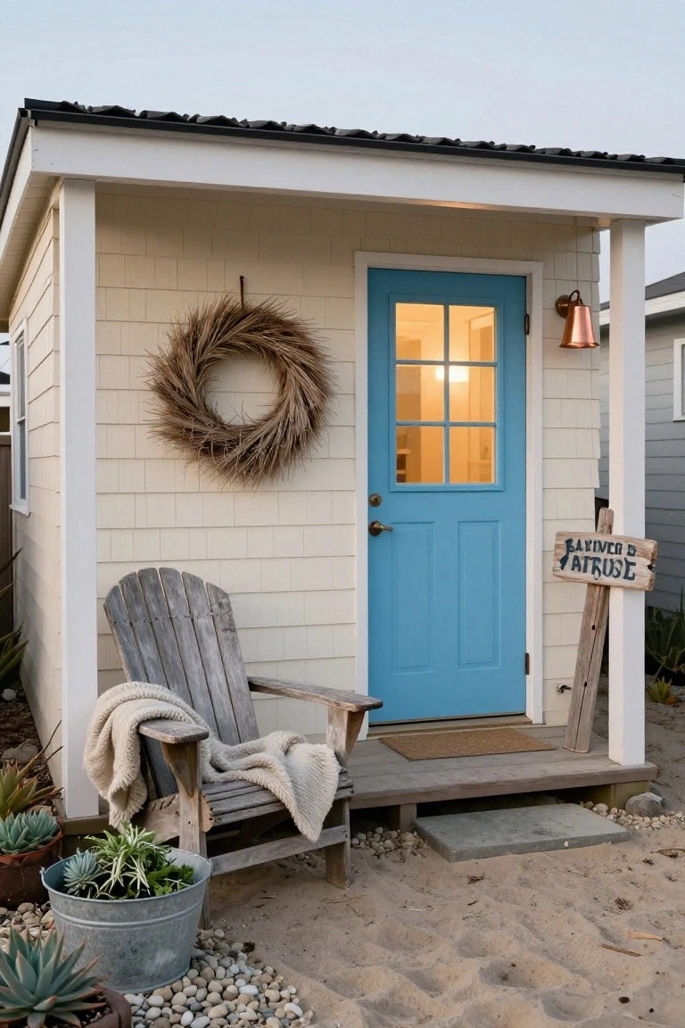 Small beige shingled cottage with turquoise front door, seagrass wreath on wall, Adirondack chair with blanket on porch, potted plants, and sandy ground.