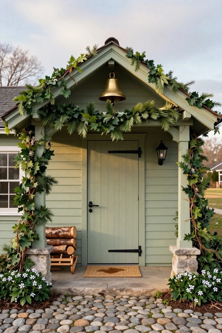 Sage green cottage exterior with dark wooden door, porch structure covered in evergreen garlands and ivy, brass bell hanging under eaves, black lantern on wall, firewood rack to left, white flowering plants at base, pebble path in front.